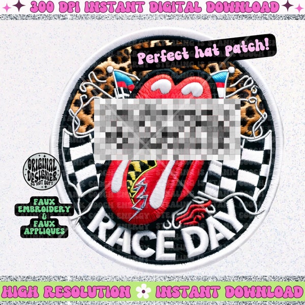 Race Day Checkered Rocker FAUX embroidery round hat patch, digital download, for dtf printing, PNG