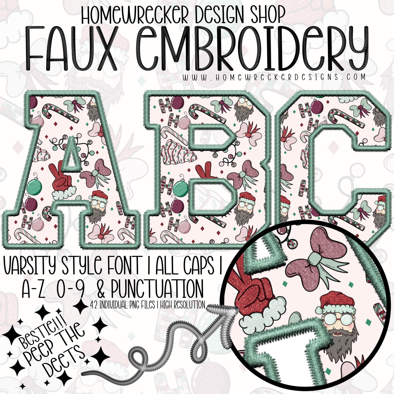Christmas Alpha, Faux Embroidery Christmas Alpha, Varsity Letter Style