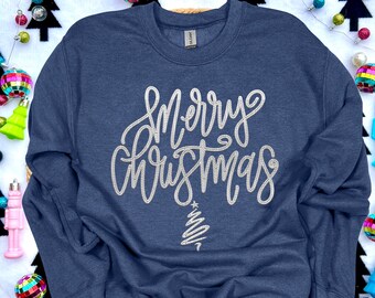 Merry Christmas PNG, WHITE faux embroidery digital design, Christmas Holiday design, tshirt design, Script Font Christmas PNG