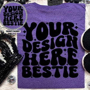 Gildan Softstyle Mockup, G64000 Heather Purple, back of shirt with front pocket accent, flat lay, checkered, digital download image 1