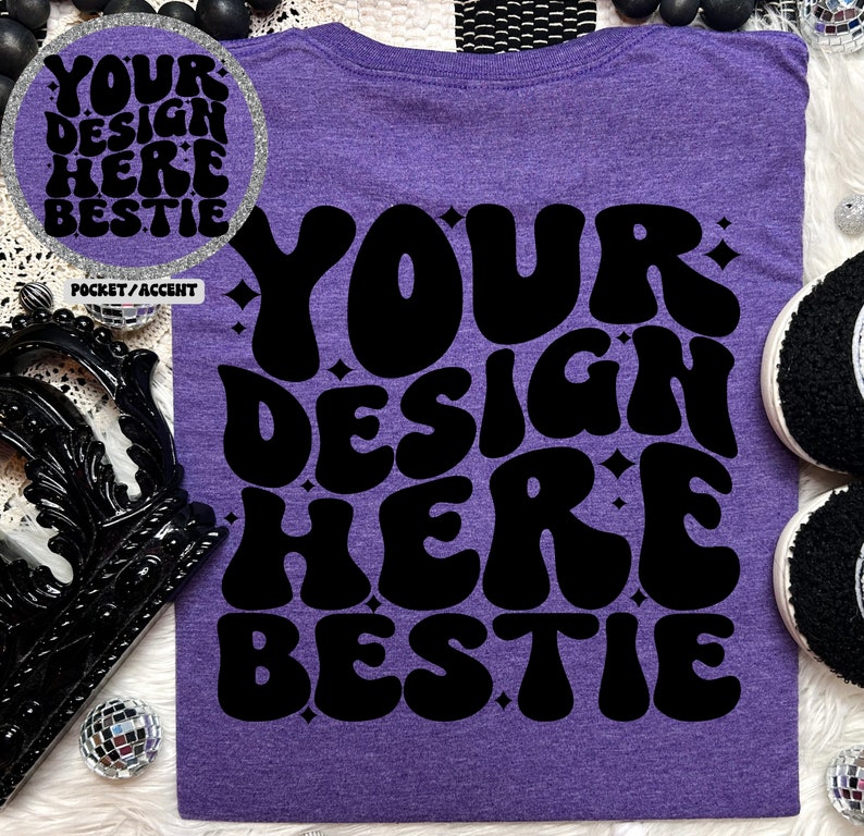 Gildan Softstyle Mockup, G64000 Heather Purple, back of shirt with front pocket accent, flat lay, checkered, digital download image 1