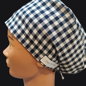 Gingham Check Chef Hat, suitable for long hair, adjust with elastic & toggle. 100% cotton. Catering, hospitality uniform Hand made Australia