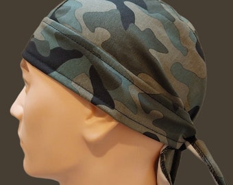 Fitted Bandana, 100% cotton green Camo, Skull Cap, Helmet Liner, Surgeons Scrub Hat, Chefs Durag, or just a Fashion Item. Handmade Australia