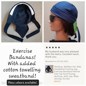 May include: A dark blue skull cap featuring a white cotton towelling sweatband along the inner front edge. The cap has two long fabric ties at the back for securing it in place. The design is shown both laid flat and worn on a mannequin head.