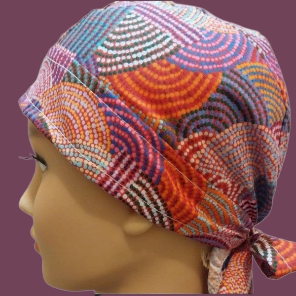 Womens Aboriginal Fitted Bandana, Head Scarf, Turban, Lighter weight Cotton, Soft Chemo Hat for hair loss. Scrub Cap. Handmade Australia