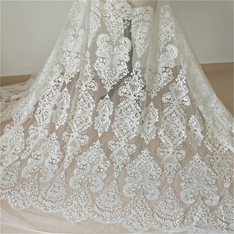 Sell By The Yard Heavy Embroidery Lace Fabric Beaded Lace Fabric for Bridal Wedding DressWedding Gown Exquisite Sequin Lace