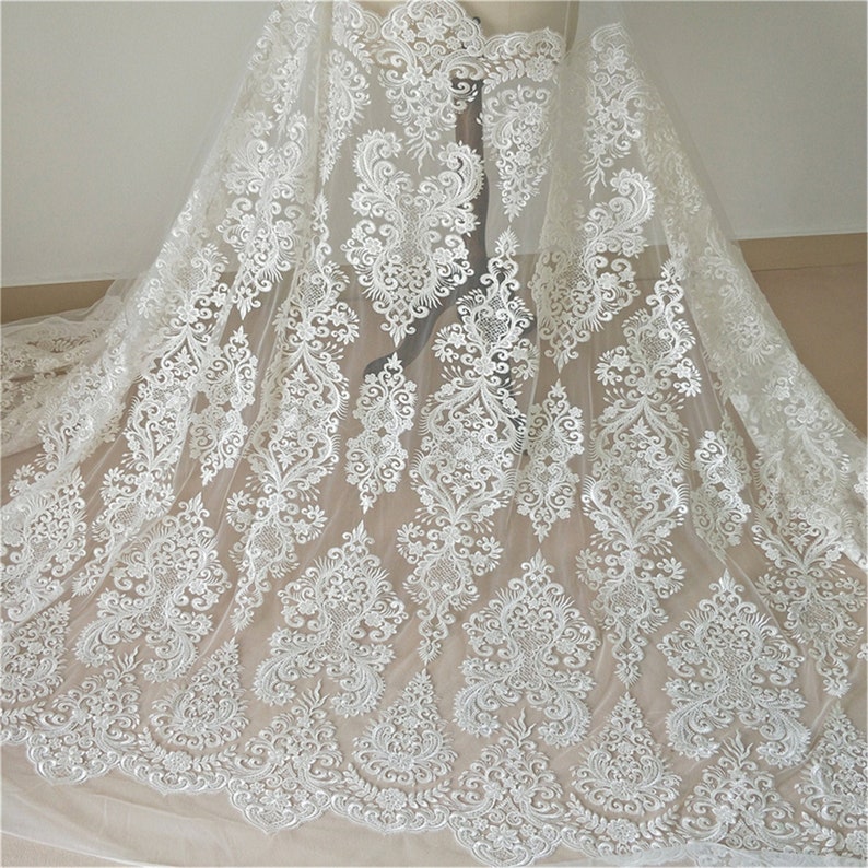 Sell By The Yard Heavy Embroidery Lace Fabric Beaded Lace Fabric for Bridal Wedding DressWedding Gown Exquisite Sequin Lace