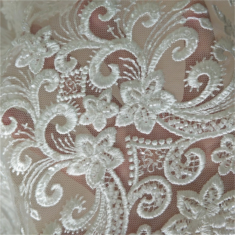 Sell By The Yard Heavy Embroidery Lace Fabric Beaded Lace Fabric for Bridal Wedding DressWedding Gown Exquisite Sequin Lace