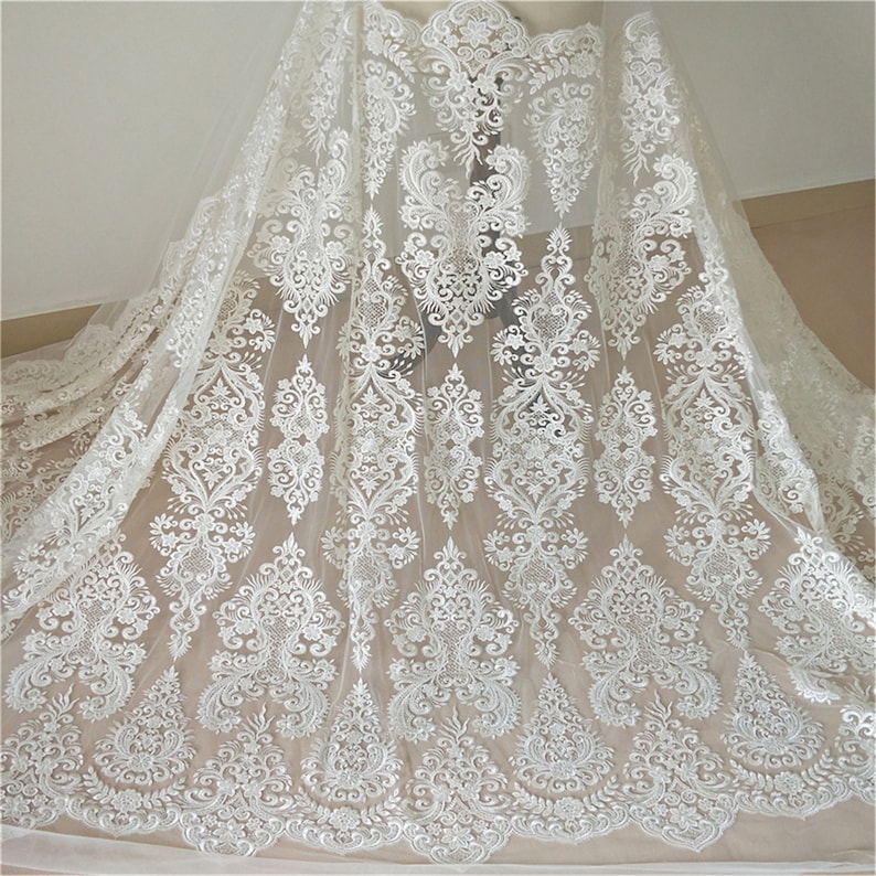 Sell By The Yard Heavy Embroidery Lace Fabric Beaded Lace Fabric for Bridal Wedding DressWedding Gown Exquisite Sequin Lace