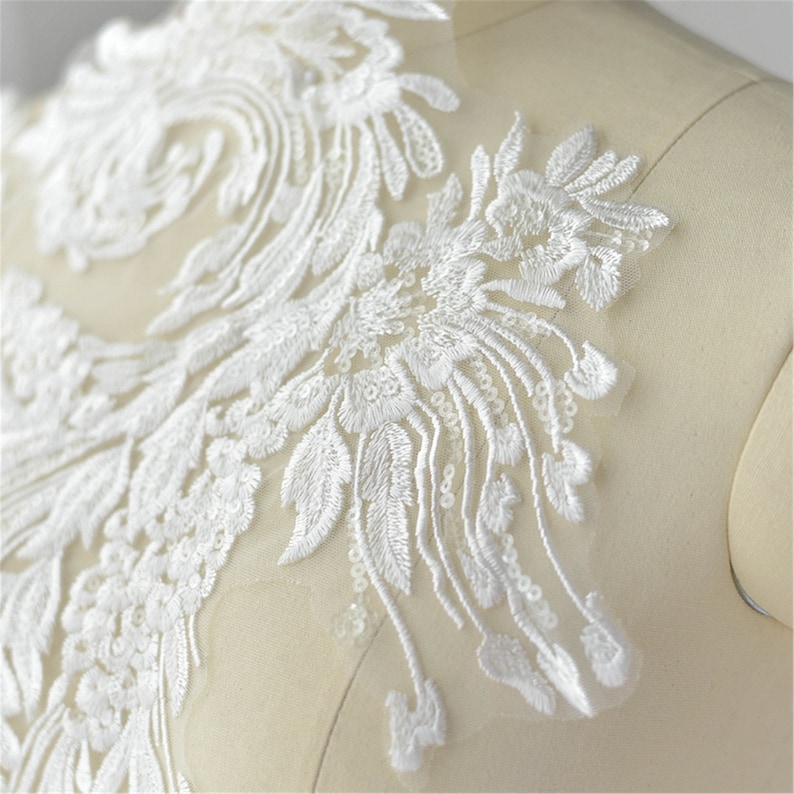 Bridal Bodice Lace Embroidery Tulle Lace Applique By The Piece Luxury Sequin Lace Applique Wedding Dress Patch