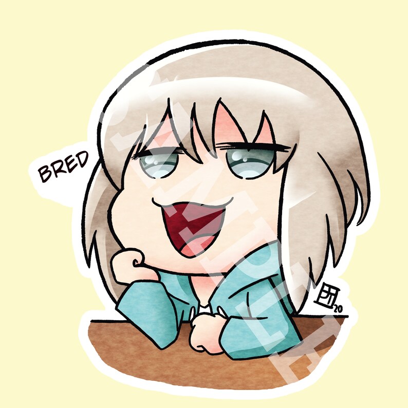 May include: A cartoon illustration of a person with short, light gray hair, wearing a light blue hoodie, smiling with their mouth open and eyes closed. The person is sitting at a table with the word "BRED" written in a speech bubble above their head.