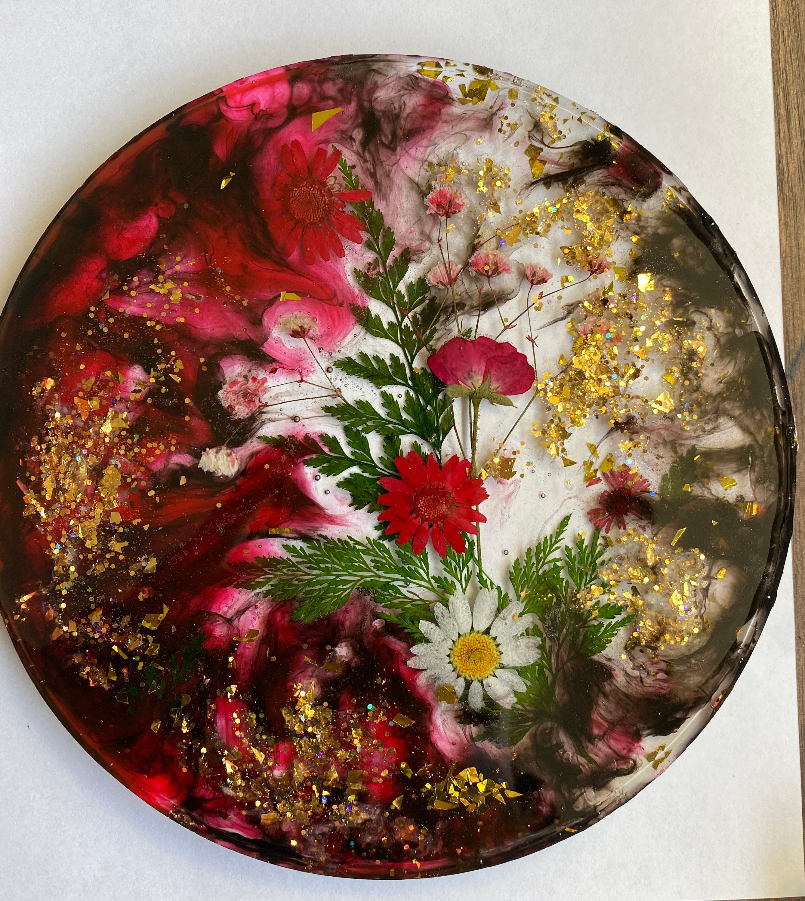 Grand Plateau En Résine Motif Fleur - Fait Main - Neuf