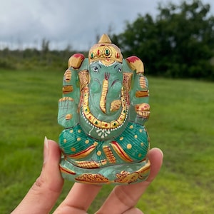 Green Aventurine Printed Ganesha Statue , Gemstone Statue , Semi Precious , Hand carved Ganesha - 340 GMs