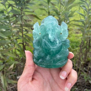 Green Fluorite Ganesha Statue , Gemstone Statue , Semi Precious , Hand carved Ganesha - 477 GMs