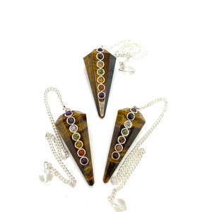 Tiger Eye 6 Facet 7 Chakra Gemstone Pendulum / Healing Dowsing Energy Balancing