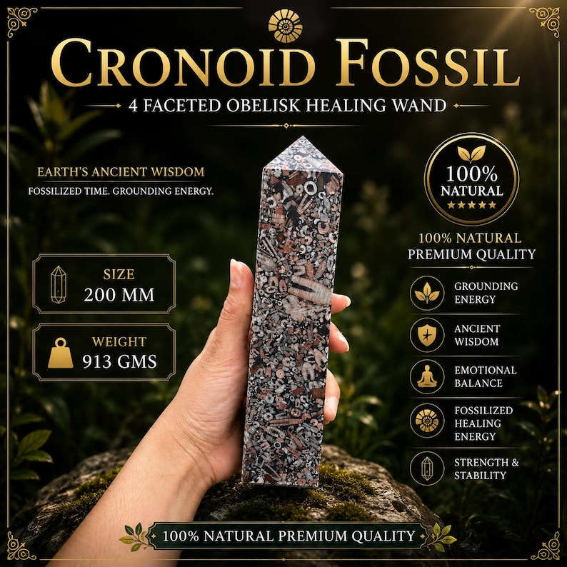 Natural Crinoid Fossil 4 Faceted Obelisk Healing Wand | Genuine Fossil Crystal Point | Reiki Crystal | Spiritual Home Decor | Fossil Gift image 1