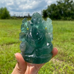 Green Fluorite Ganesha Statue , Gemstone Statue , Semi Precious , Hand carved Ganesha - 417 GMs