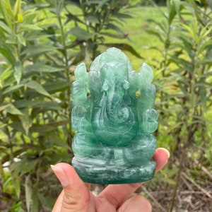 Green Fluorite Ganesha Statue , Gemstone Statue , Semi Precious , Hand carved Ganesha - 380 GMs