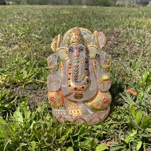 Crystal Quartz Printed Ganesha Statue , Gemstone Statue , Semi Precious , Hand carved Ganesha - 2231 GMs