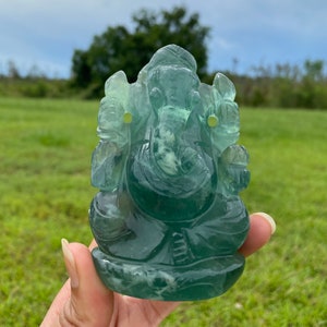 Green Fluorite Ganesha Statue , Gemstone Statue , Semi Precious , Hand carved Ganesha - 410 GMs