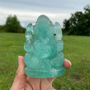 Green Fluorite Ganesha Statue , Gemstone Statue , Semi Precious , Hand carved Ganesha - 460 GMs