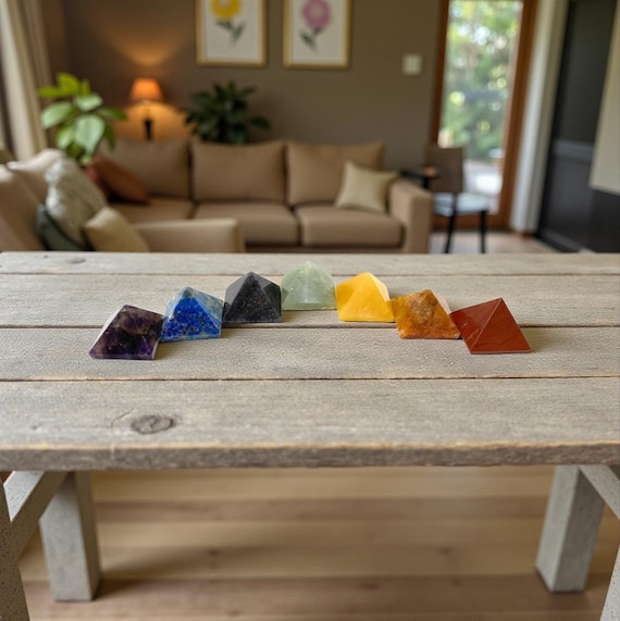 Seven Chakra Stone Pyramid Set – Engraved Crystal Healing