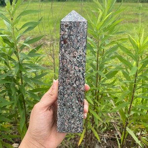 May include: A gray, white, and pink fossilized coral point with a pointed top. The point is about 5 inches tall and is made of natural stone.