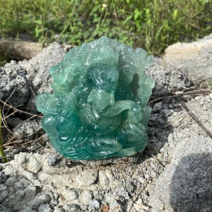 Green Fluorite Ganesha Statue , Gemstone Statue , Semi Precious , Hand carved Ganesha - 1514 GMs