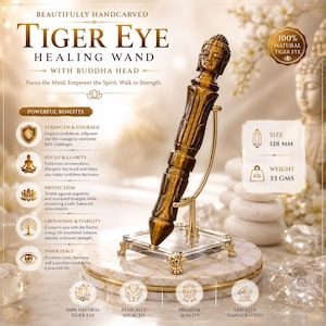 Natural Tiger Eye Buddha Head Healing Wand | Hand Carved Crystal Reiki Wand | Meditation Gift | Healing Generator Point | Spiritual Decor
