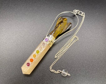 Peach Moonstone & Tiger Eye 7 Chakra Pendulum Pendant