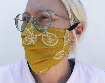 KOKKA BICYCLE Cotton Linen Face Mask / Japanese Fabric Mask / Unique Fashion Masks / Unisex Mens Womens / Washable Nose Wire Filter Pocket