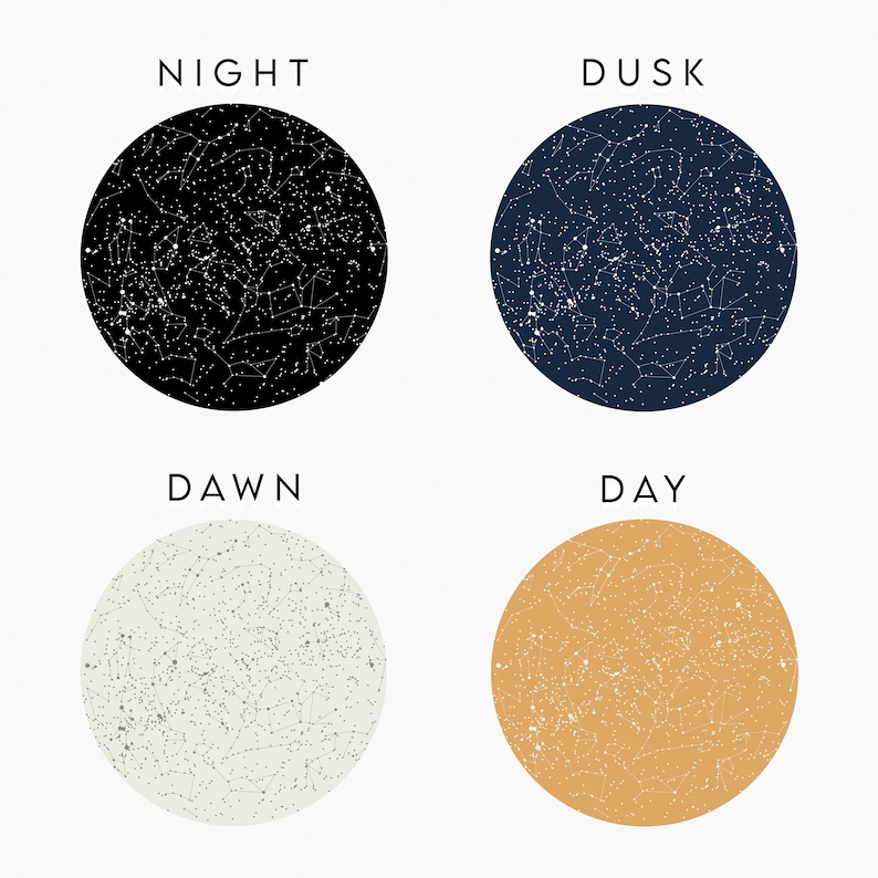 May include: Four circular illustrations depicting celestial scenes. The top left circle is black with white stars and the word "NIGHT". The top right circle is navy blue with white stars and the word "DUSK". The bottom left circle is off-white with gray stars and the word "DAWN". The bottom right circle is tan with white stars and the word "DAY".