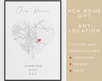 New Home Gift - Personalised Housewarming Gift Custom Map Print - First Home, Moving Present
