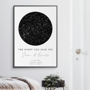 May include: A black and white star map print with the text "THE NIGHT YOU SAID YES Sam & louise 09/06/2022 THE SHARD, LONDON 51.5045&deg; N -0.0865&deg; W"