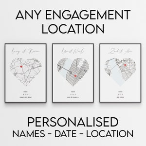 Pu&ograve; includere: Tre modelli di annuncio di fidanzamento stampabili con una mappa a forma di cuore e uno spillo rosso che segna il luogo del fidanzamento. Ogni modello include i nomi della coppia, la data del loro fidanzamento e il luogo del fidanzamento.
