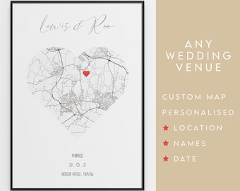 May include: A black and white map of a location in the shape of a heart with a red heart marking the center. The text "Lewis & Roo" is at the top of the map. The text "Married 20.05.21 Hedsor House, Taplow" is at the bottom of the map. The text "ANY WEDDING VENUE CUSTOM MAP PERSONALISED LOCATION NAMES DATE" is on the right side of the image.