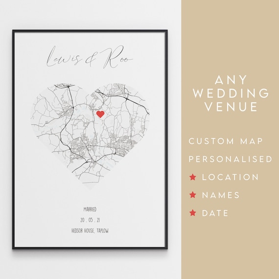 Wedding Gift - Personalised Map Print Of Any Wedding Venue - Couples Gift / Anniversary Present