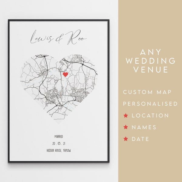 Wedding Gift - Personalised Map Print Of Any Wedding Venue - Couples Gift / Anniversary Present