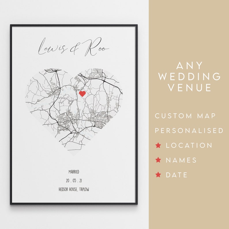 May include: A black and white map of a location in the shape of a heart with a red heart marking the center. The text "Lewis & Roo" is at the top of the map. The text "Married 20.05.21 Hedsor House, Taplow" is at the bottom of the map. The text "ANY WEDDING VENUE CUSTOM MAP PERSONALISED LOCATION NAMES DATE" is on the right side of the image.