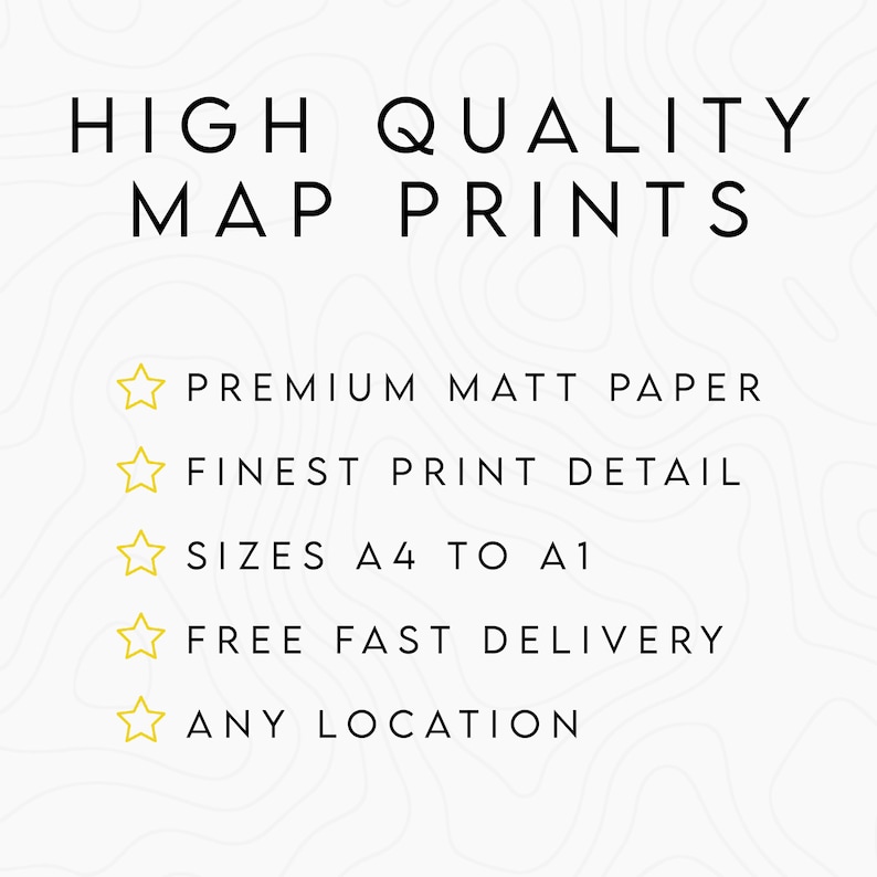 K&ouml;nnte beinhalten: Hochwertige Kartenabz&uuml;ge mit wei&szlig;em Hintergrund und einem wei&szlig;en und rosafarbenen abstrakten Muster. Der Text "HIGH QUALITY MAP PRINTS" ist in Schwarz. F&uuml;nf goldene Sterne mit schwarzen Umrissen befinden sich neben dem folgenden Text: "PREMIUM MATT PAPER", "FINEST PRINT DETAIL", "SIZES A4 TO A1", "FREE FAST DELIVERY" und "ANY LOCATION".