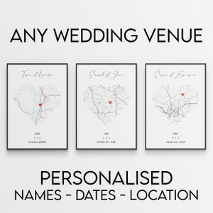 May include: Three printable wedding map designs with a heart-shaped outline of a city map. Each design features a couple's names, wedding date, and the name of the wedding venue. The maps are in black and white with a red heart marking the location of the venue.
