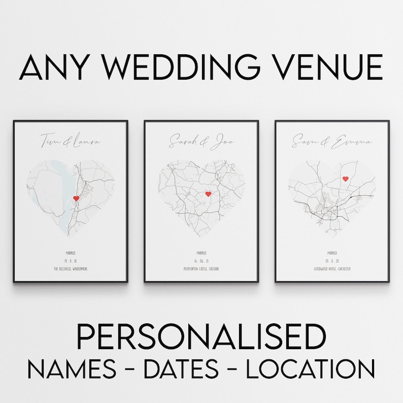 May include: Three printable wedding map designs with a heart-shaped outline of a city map. Each design features a couple's names, wedding date, and the name of the wedding venue. The maps are in black and white with a red heart marking the location of the venue.