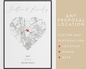 Engagement Gift - Personalised Map Print Of Any Proposal Location - Couples Gift / Present