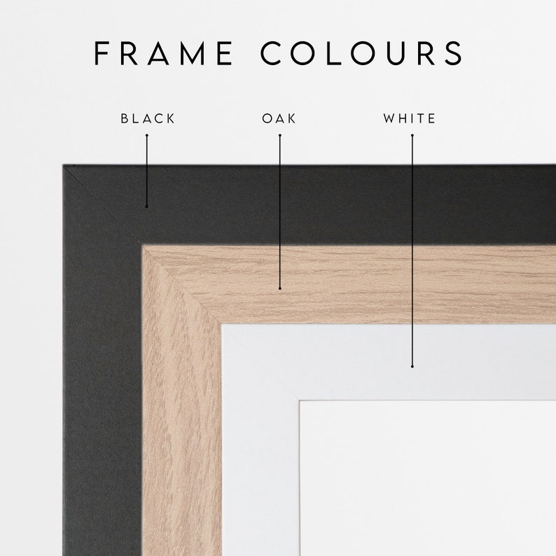 May include: Close-up of a picture frame showing three different frame colors: black, oak, and white.