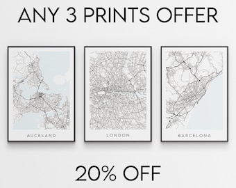 3 x Custom Map Prints Offer - Personalised Print - Any Location City, Town, Village Map Prints