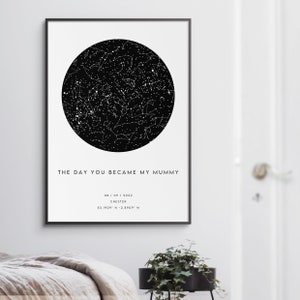 May include: Framed black and white print featuring a detailed star map within a circular design. The text "THE DAY YOU BECAME MY MUMMY" is displayed below the star map, along with a date, location, and coordinates.