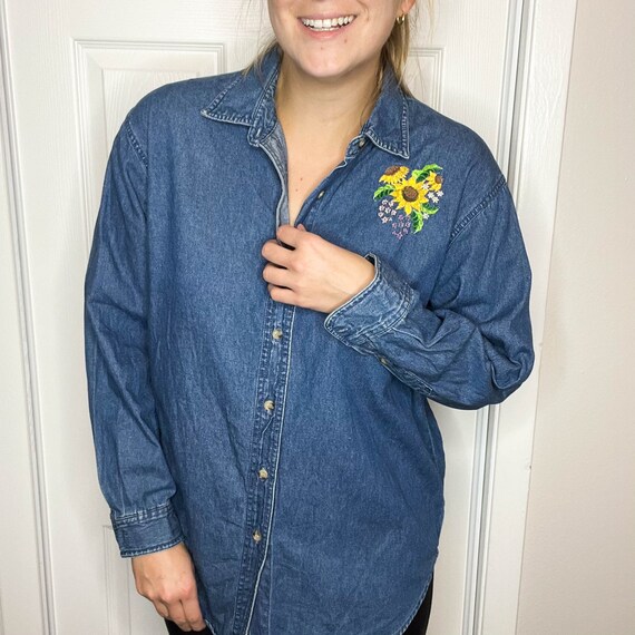 Sunflower Embroidered Denim Shirt | Etsy