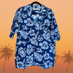 Y2K Blue Hawaiian Shirt Floral Men's Large Navy Blue Button Down Beach Summer Tropical