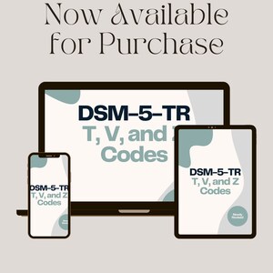 May include: A digital product listing for the DSM-5-TR T, V, and Z Codes. The listing is shown on a laptop, tablet, and smartphone. The text "Now Available for Purchase" is at the top of the image.