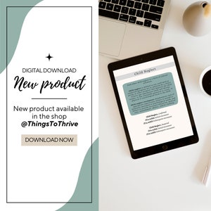 May include: A digital download product on a tablet screen with the title "Child Neglect" and text about the definition of child neglect. The tablet is on a white surface with a laptop and a cup of coffee.